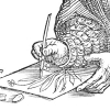 detail from a woodblock print showing a hand drawing with a quill pen