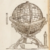detail of a print showing a globe on a stand