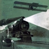 illustration showing a bi-plane, train, and automobile