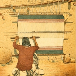 color drawing of a woman weaving on a Navajo style loom.