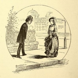 Drawing of a man tipping his hat to a lady on the street.
