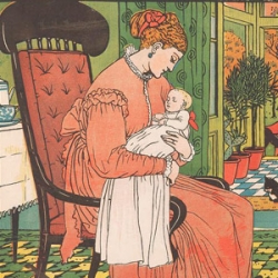 Illustration of a woman sitting in a chair holding an infant.