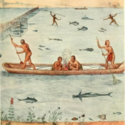 drawing of people fishing with nets and spears on a lake