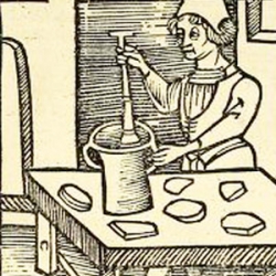 Crude print showing a man at a table pounding something in a large mortar and pestle. From Ortus sanitatis.