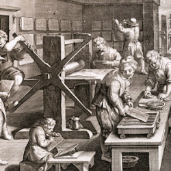engraving showing interior of 17thc. printing shop with roller press and drying prints