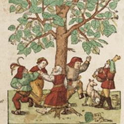 Woodblock print of medieval Europeans dancing around a tree.