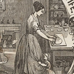 detail of woman rolling out dough on a table with a child clinging to her skirts