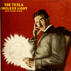 Tesla holding a large lightbulb