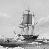 image of a three-masted ship sailing through icy seas