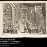 print showing 18th century europeans in a hall looking at natural history specimens
