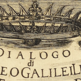 illustration of two cherubs holding a crown over the title of the book Dialogo di Galileo Galilei