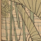 detail of a Japanese color print showing a small frog leaping into the water, with lilies and reeds