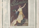 Cover of Columbia bicycle catalog, 1912, showing a woman kneeling painting the words Columbia while crowning a bicycle with a laurel wreath.